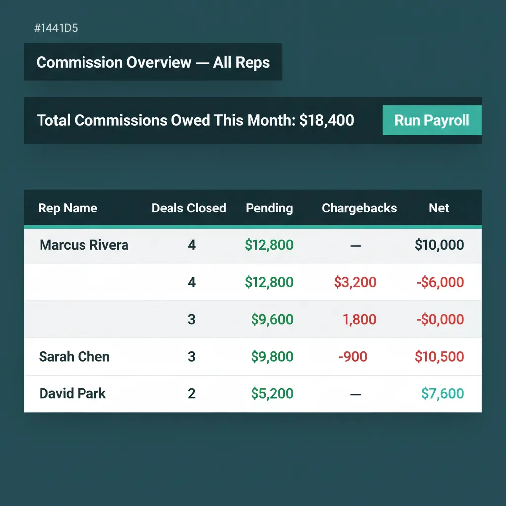 WFP owner-side commission dashboard showing committed totals, pending approvals, and rep-by-rep payout breakdown.
