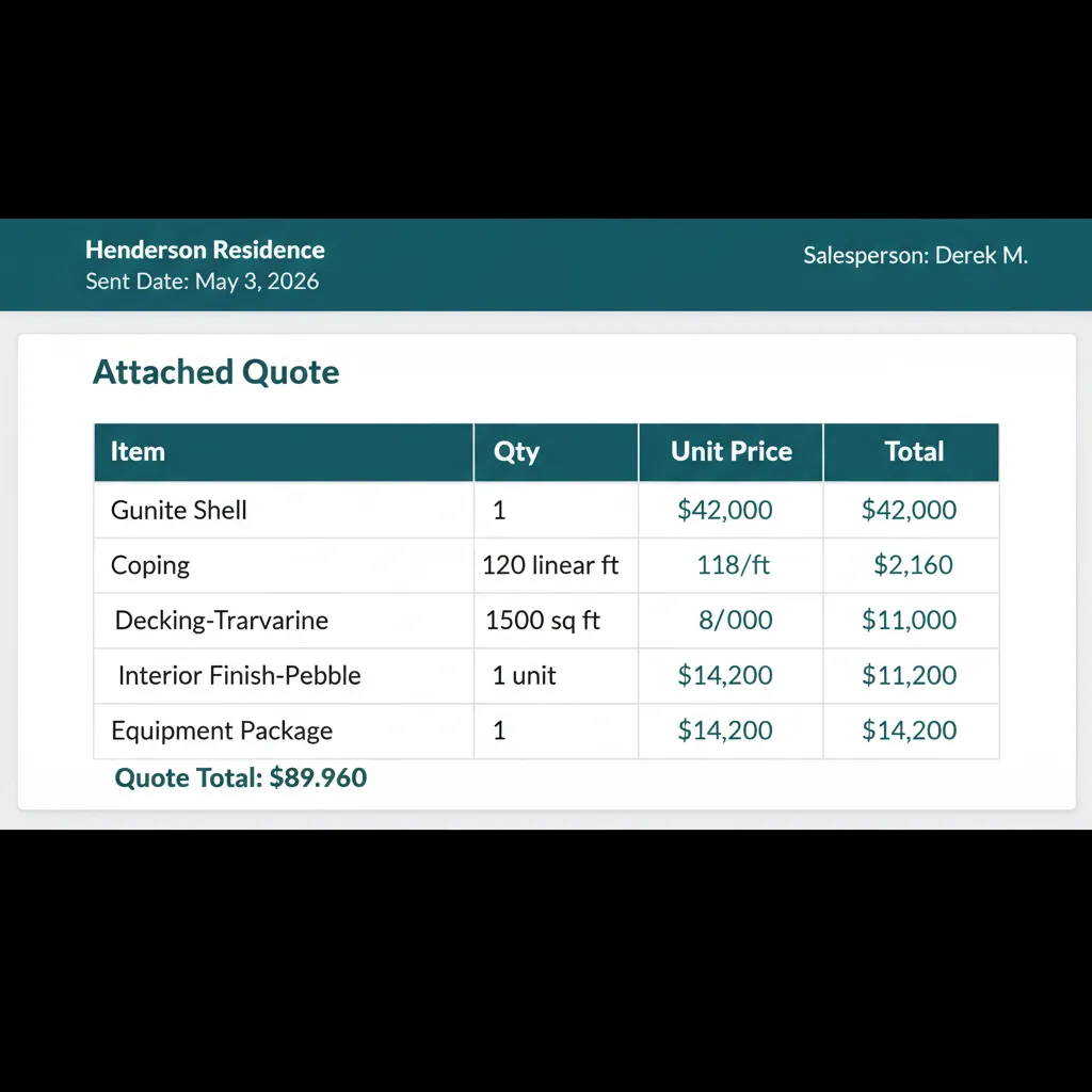 WFP lead detail view with an attached quote showing pool-specific line items, totals in tabular-nums, and salesperson attribution.