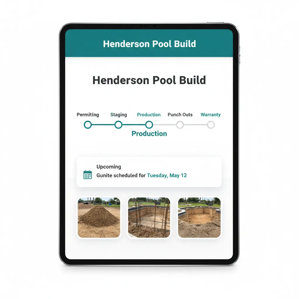 WFP customer portal from the customer perspective, with phase progress bar, current phase highlighted, upcoming milestone card, and dig-site photo gallery.
