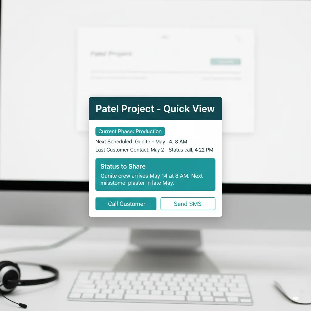 WFP project quick-view with current phase, scheduled milestones, recent interactions, and a teal status-to-share line.