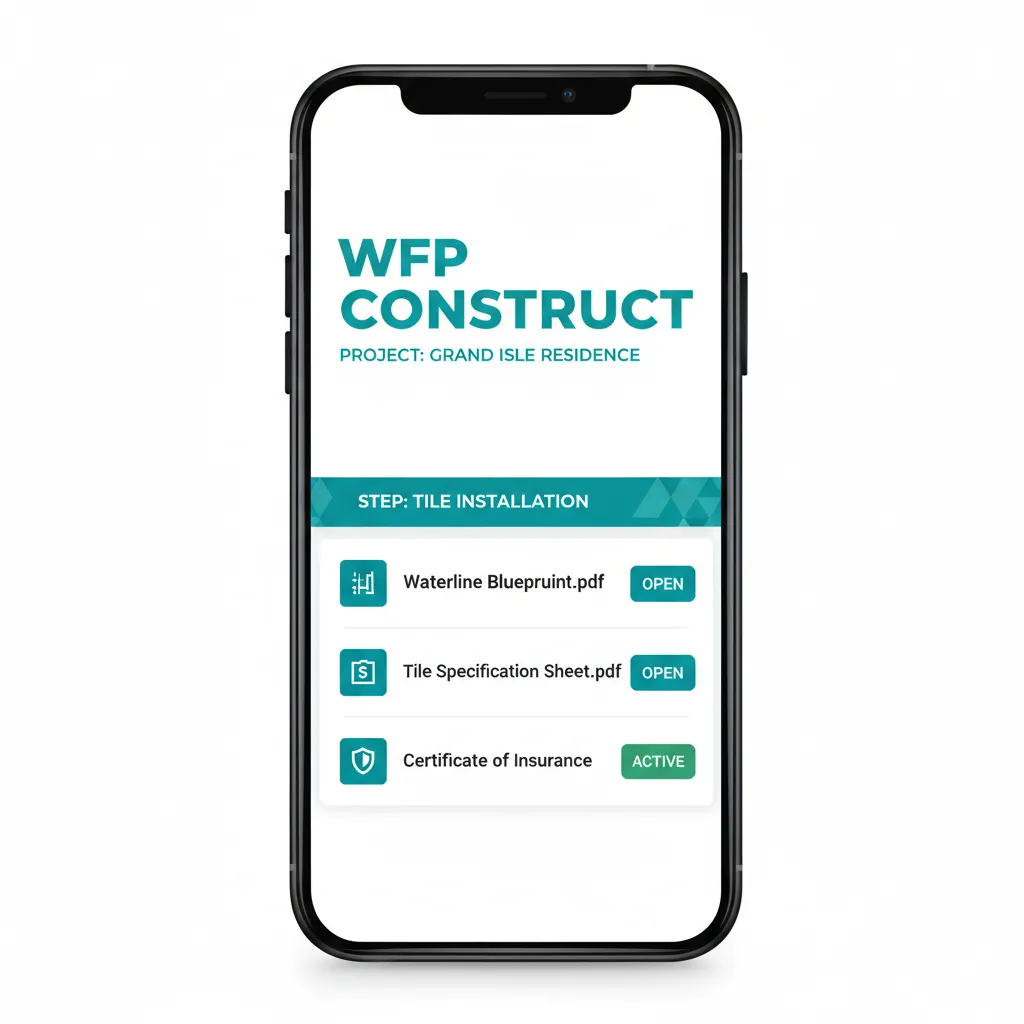Phone mockup of a sub mobile view with a work order showing project name, tile step, and one-tap blueprint downloads.