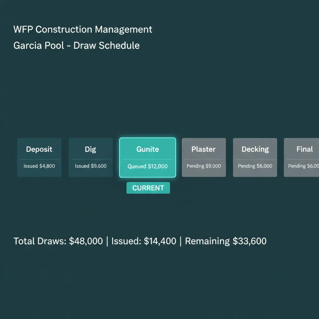 WFP draw schedule for a pool project showing the phase pipeline with each phase tied to a draw amount and status pill.