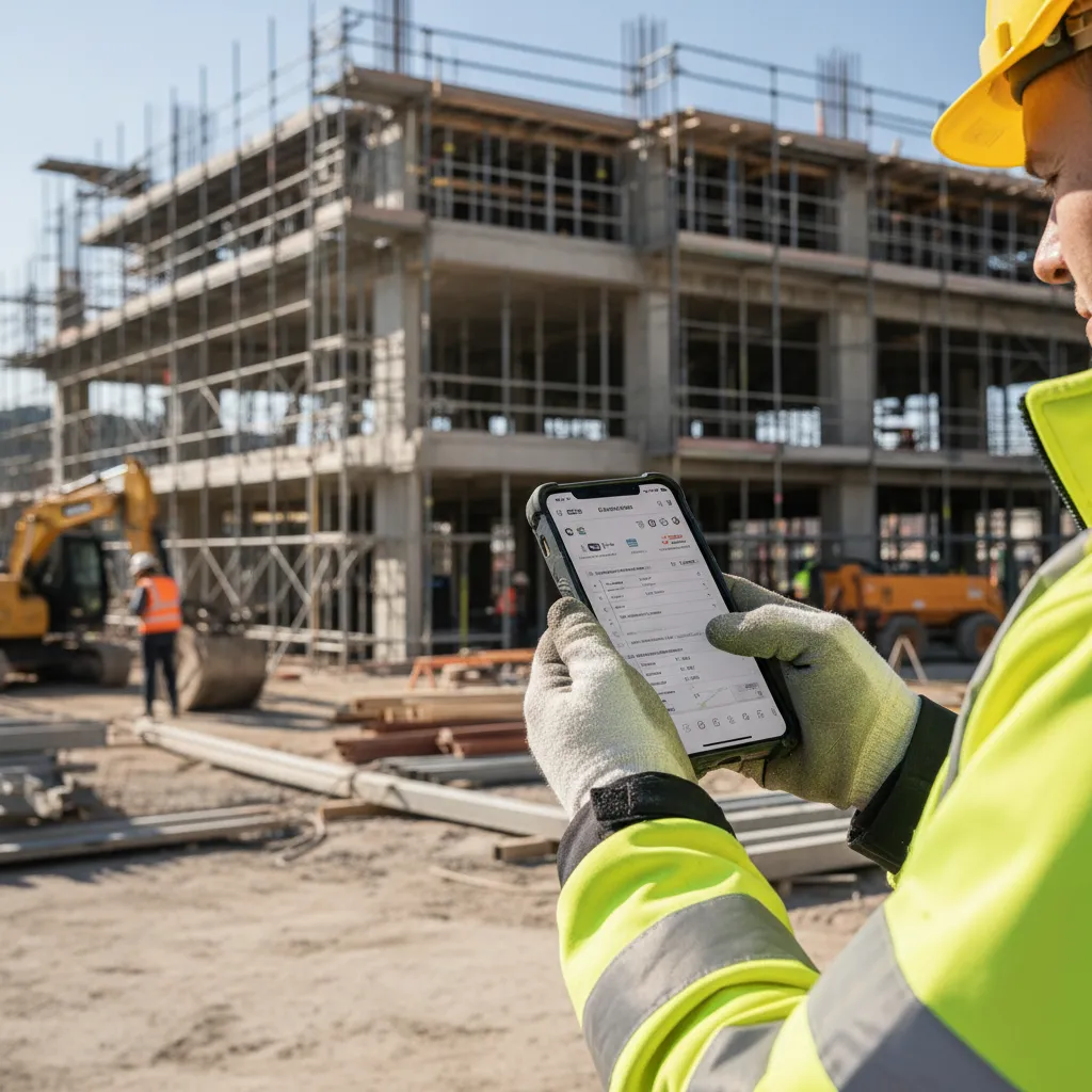Construction field worker in high-visibility jacket checking a smartphone on a job site with scaffolding and building structure in the background