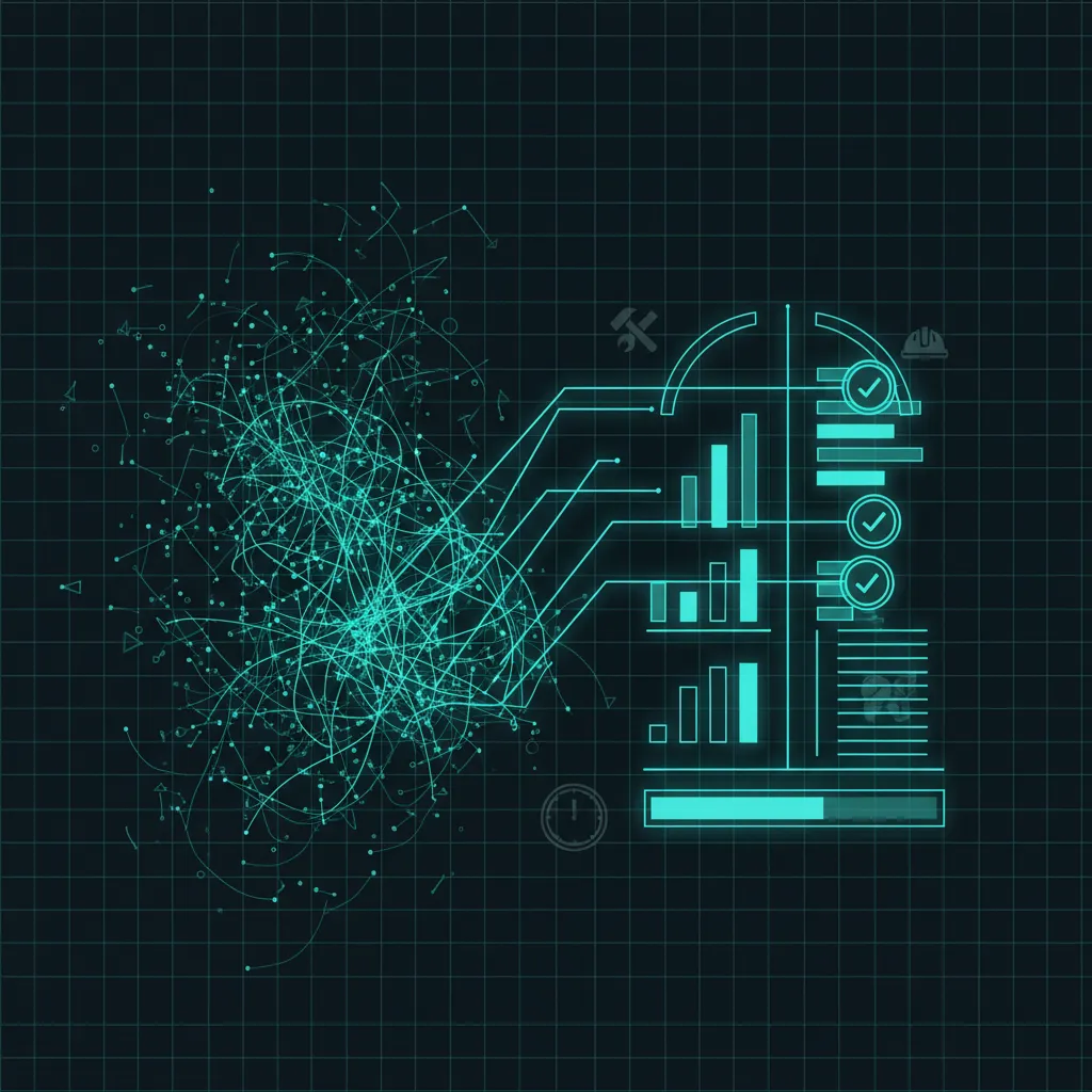 Abstract visualization of construction project data converging from chaos into order — representing WFP's construction operating system