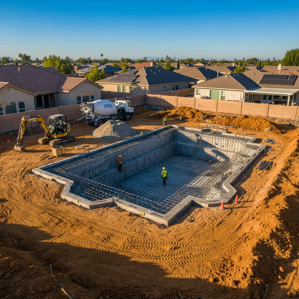 Aerial view of a luxury pool under construction in a suburban backyard — rebar framework, concrete forms, and excavation phases visible