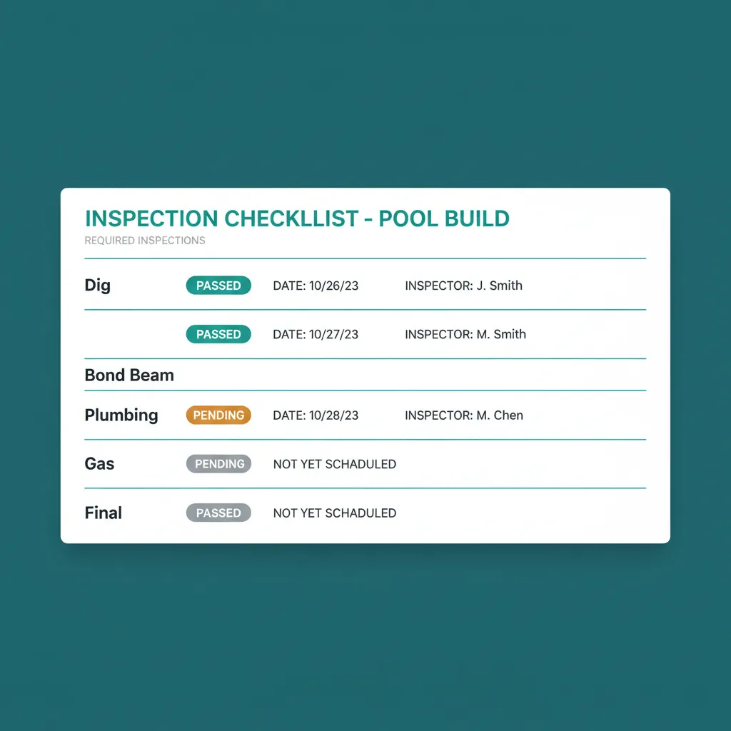 Inspection checklist with passed, pending, and not-scheduled status badges across the pool inspection chain.