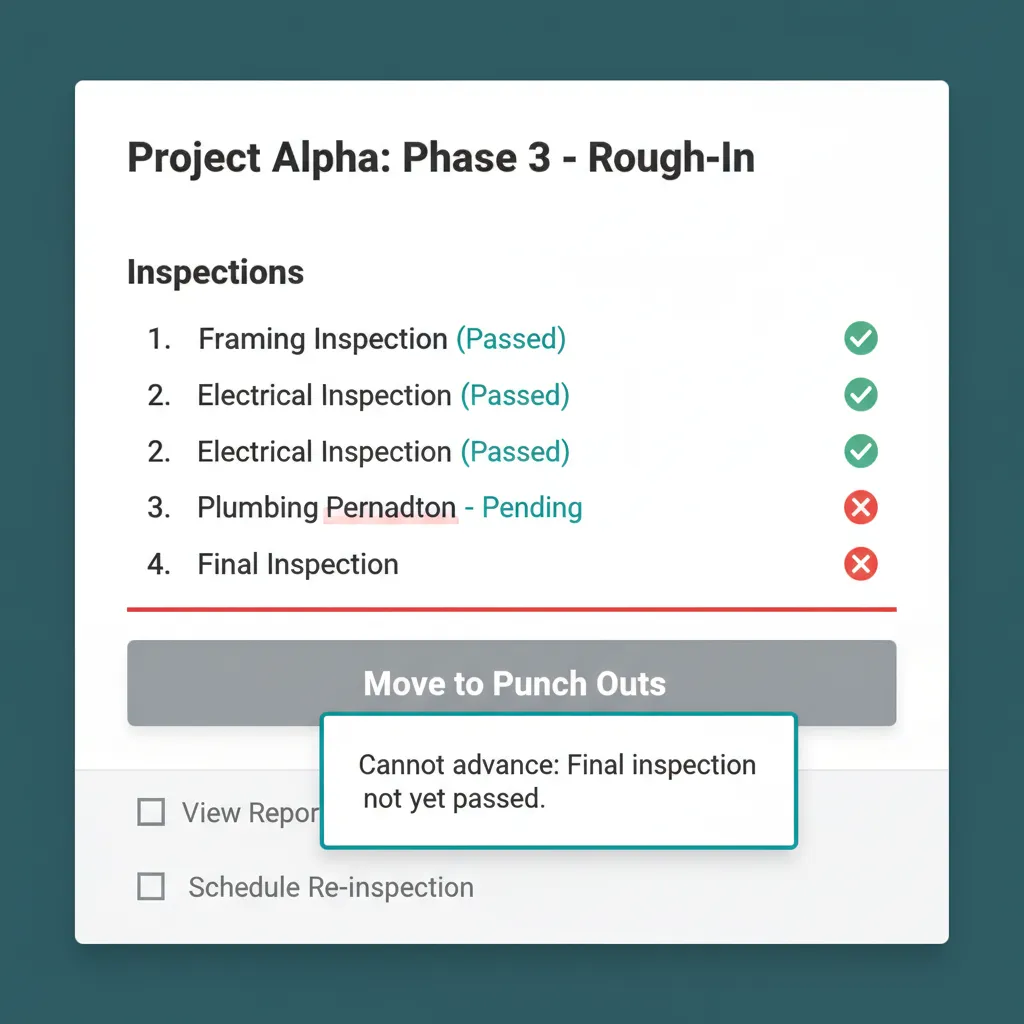 Disabled phase advance button with a tooltip stating which inspection is blocking the transition.