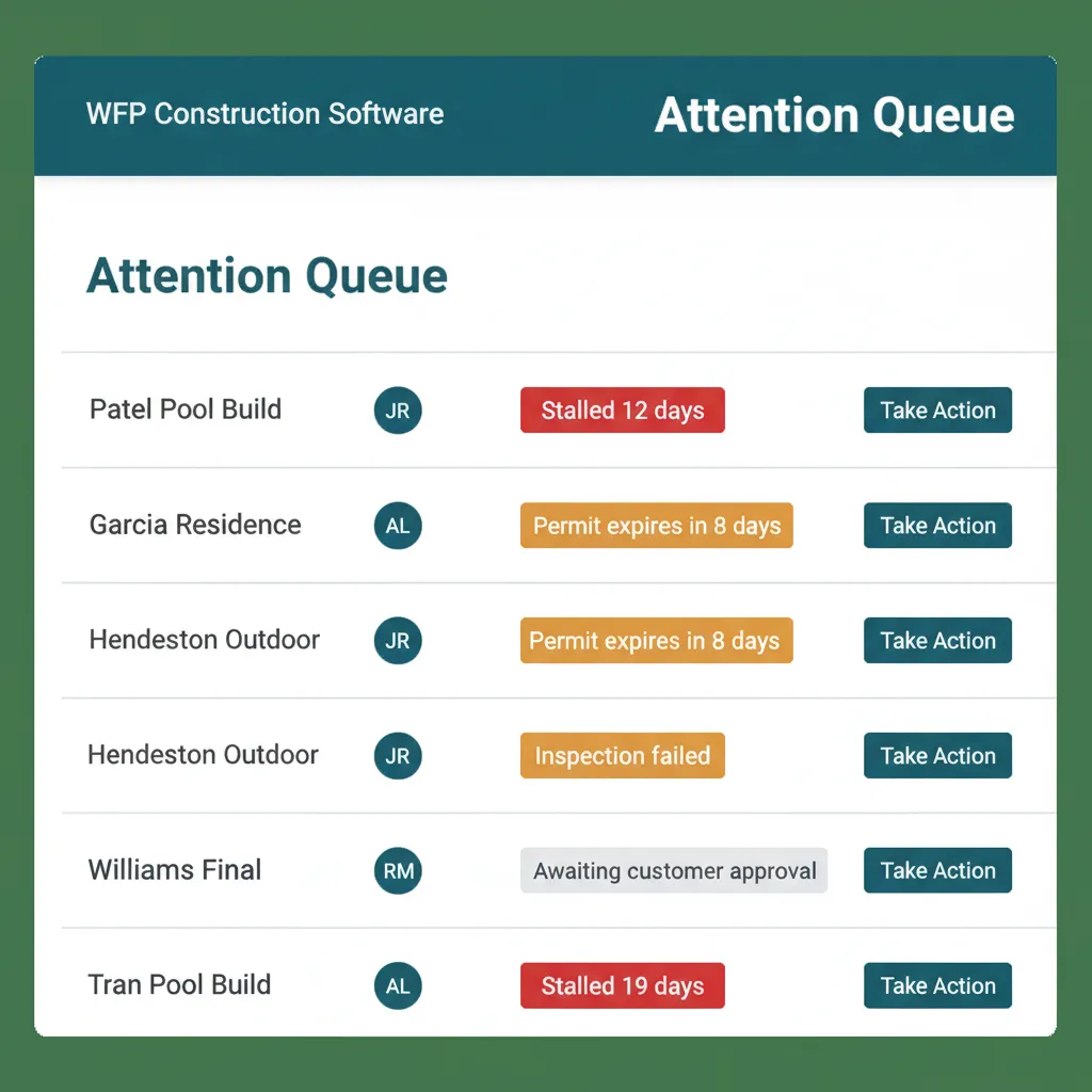 Attention queue listing projects with reason badges like Stalled 12 days, Permit expires in 8 days, and Inspection failed.