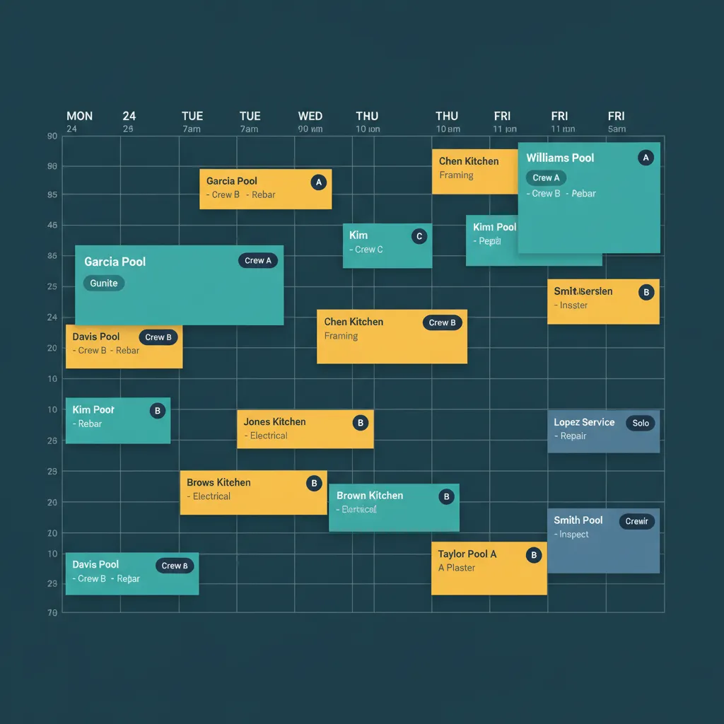 WFP weekly Work Order Planner with 30 plus color-coded entries across five days and filter pills at the top
