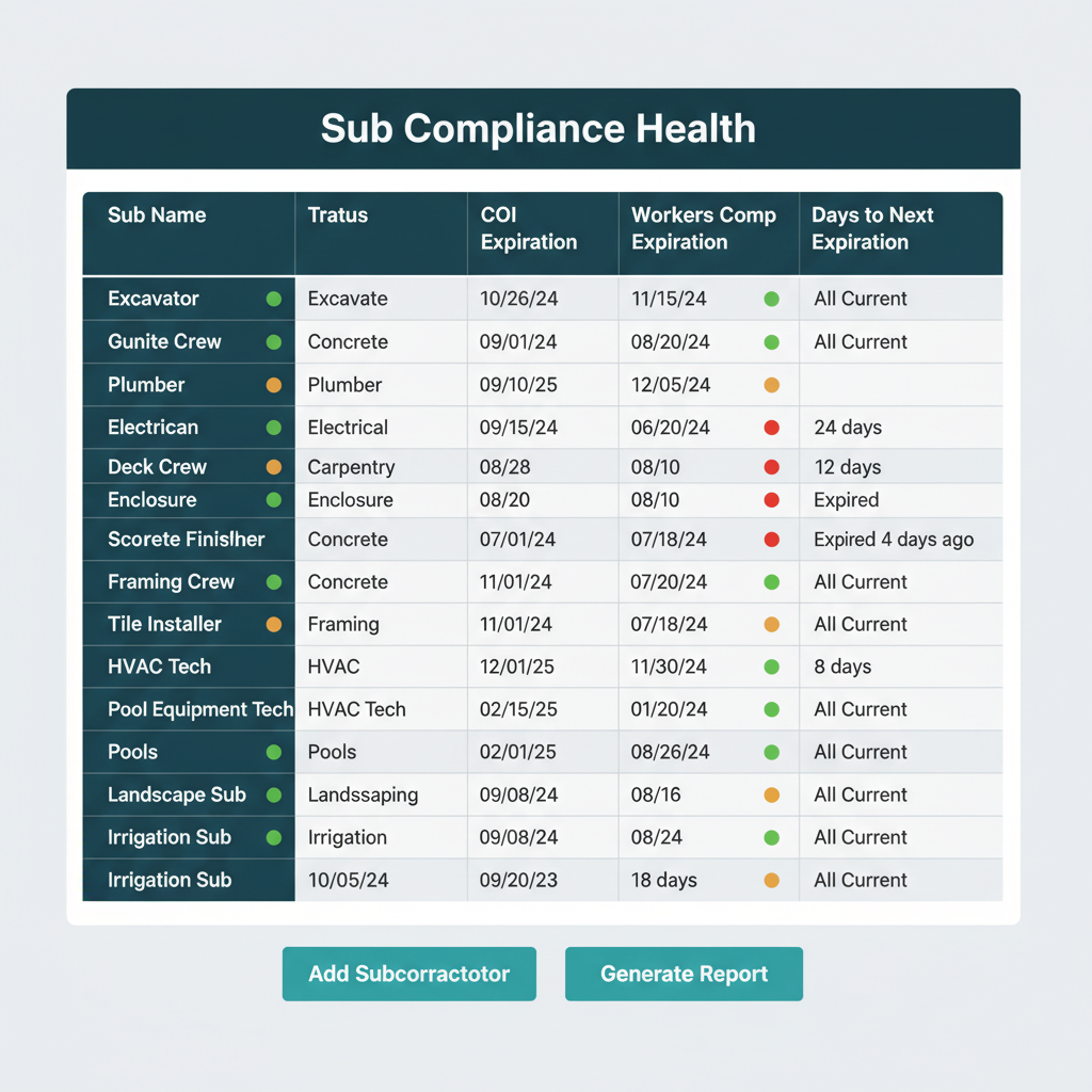 WFP sub compliance dashboard listing 12-15 subcontractors with green, amber, and red status dots and expiration dates for COI and workers' comp