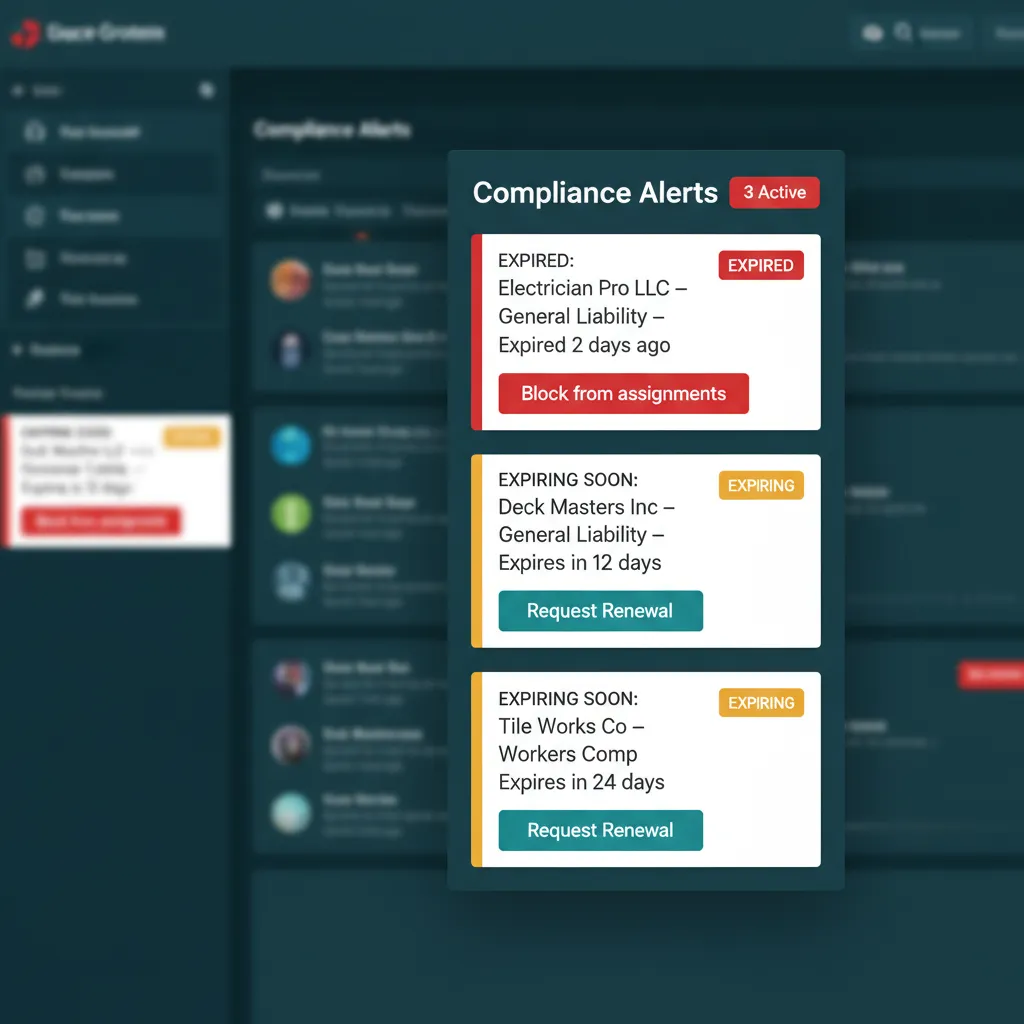 WFP alert feed with 4-6 sub compliance alerts, each showing document type, days to expiration, and an email-sub action