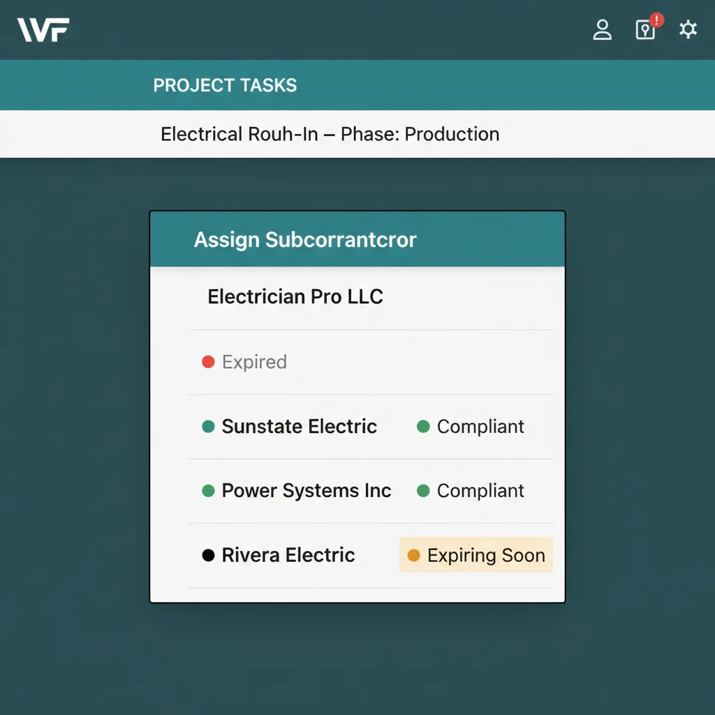 WFP work order assignment dropdown listing six subs each with a colored compliance dot, with a hover tooltip on the red sub reading Compliance hold