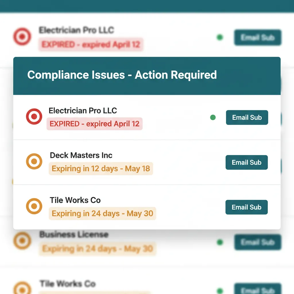Three rows of the WFP compliance dashboard expanded to show specific expired or expiring documents per sub