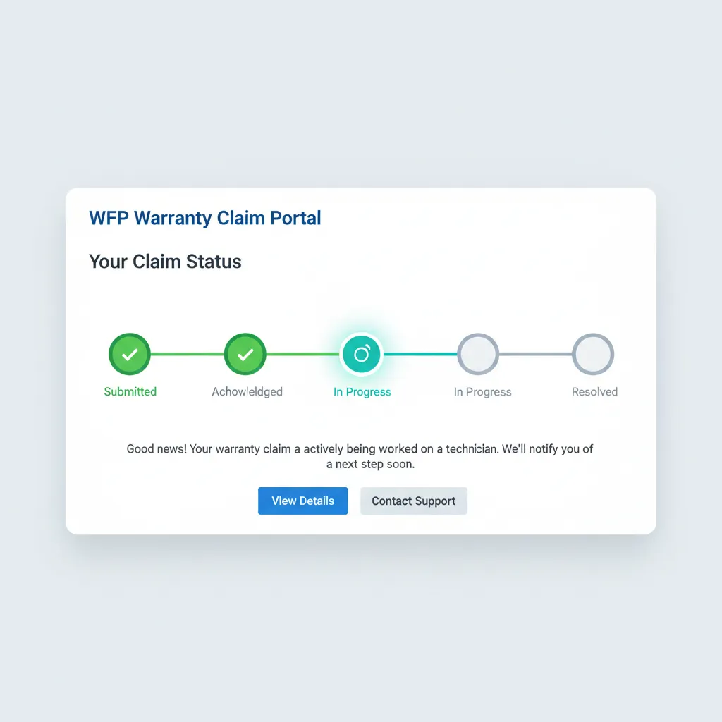 WFP customer portal view of a warranty claim showing a five-step plain-language status timeline currently at In Progress