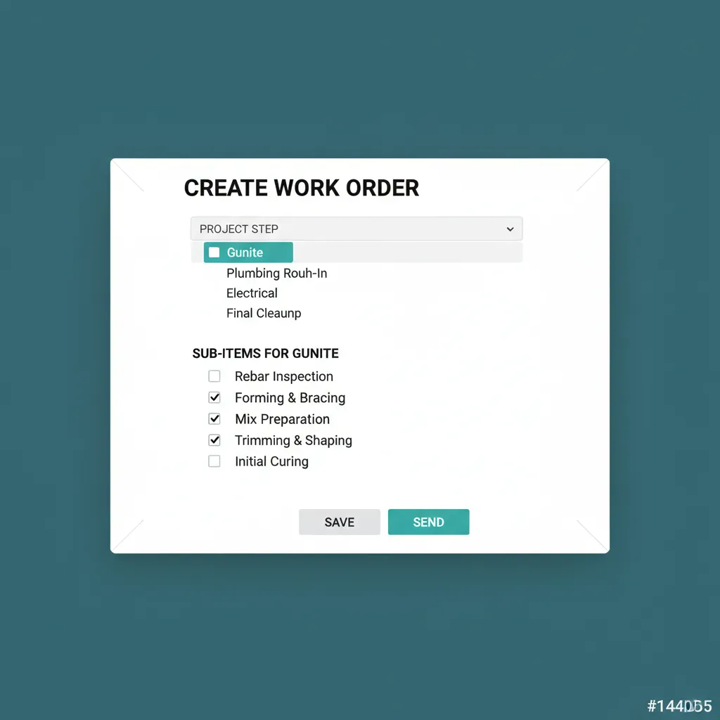 WFP work order creation modal with a project step picker and pre-filled sub-items checklist for the selected step