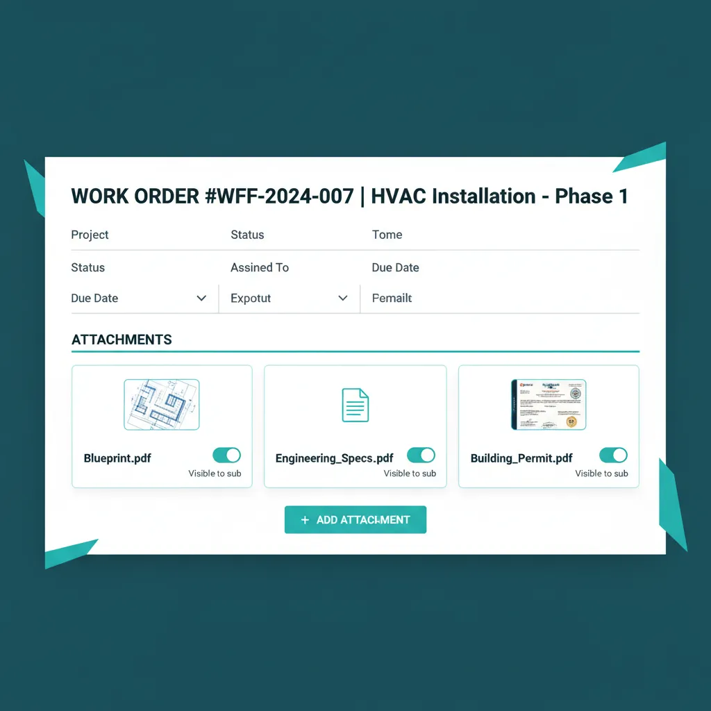WFP work order detail with three document attachments, each with a Visible to sub toggle